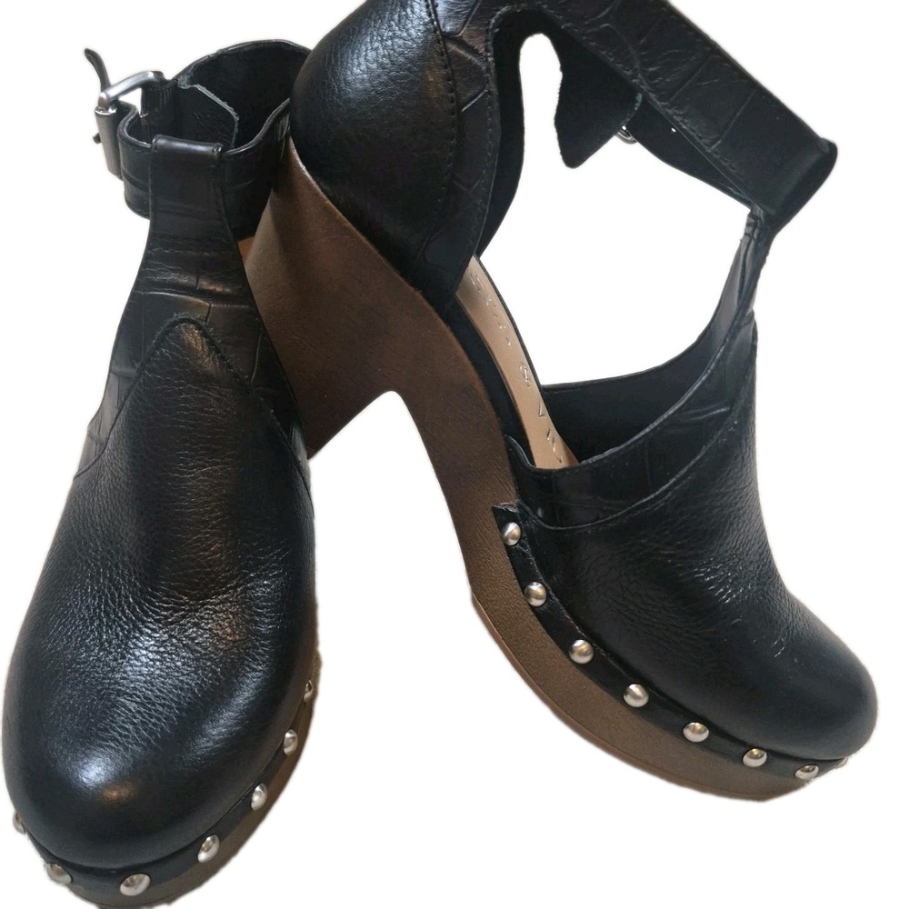 Chelsea & Violet  Black Leather Heeled Clogs Studded Ankle Strap Shoes Size